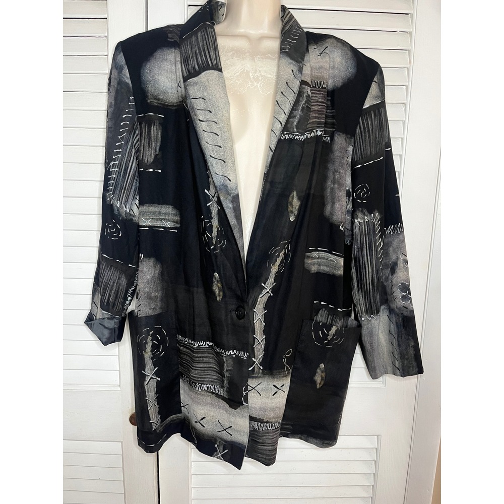 Kensington Square Vintage Abstract Art Print Blazer Black Grey White Size 3X USA